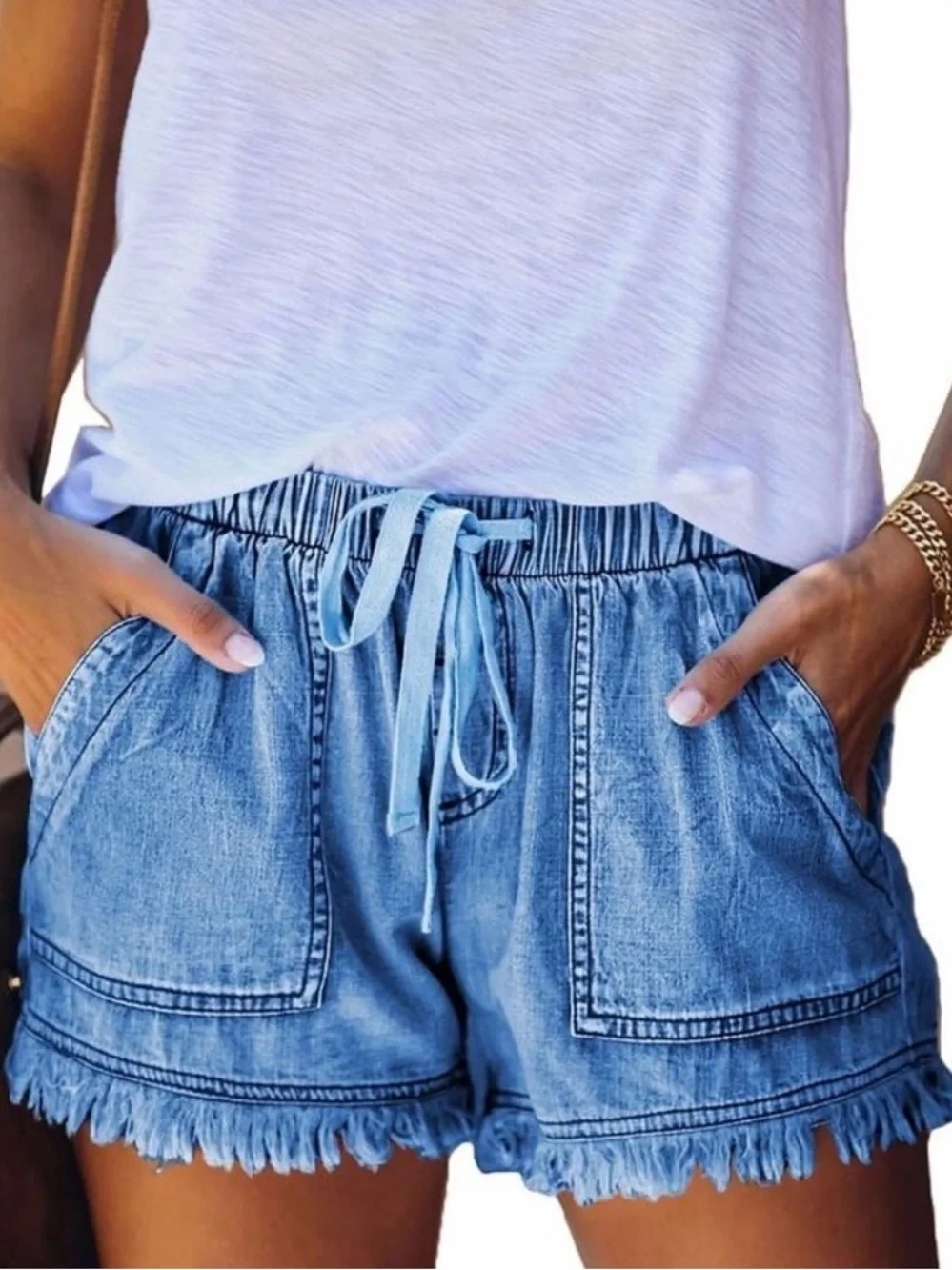 Denim Drawstring Frayed Hem Shorts Lightweight Chambray Beachy Boho Large NWOT